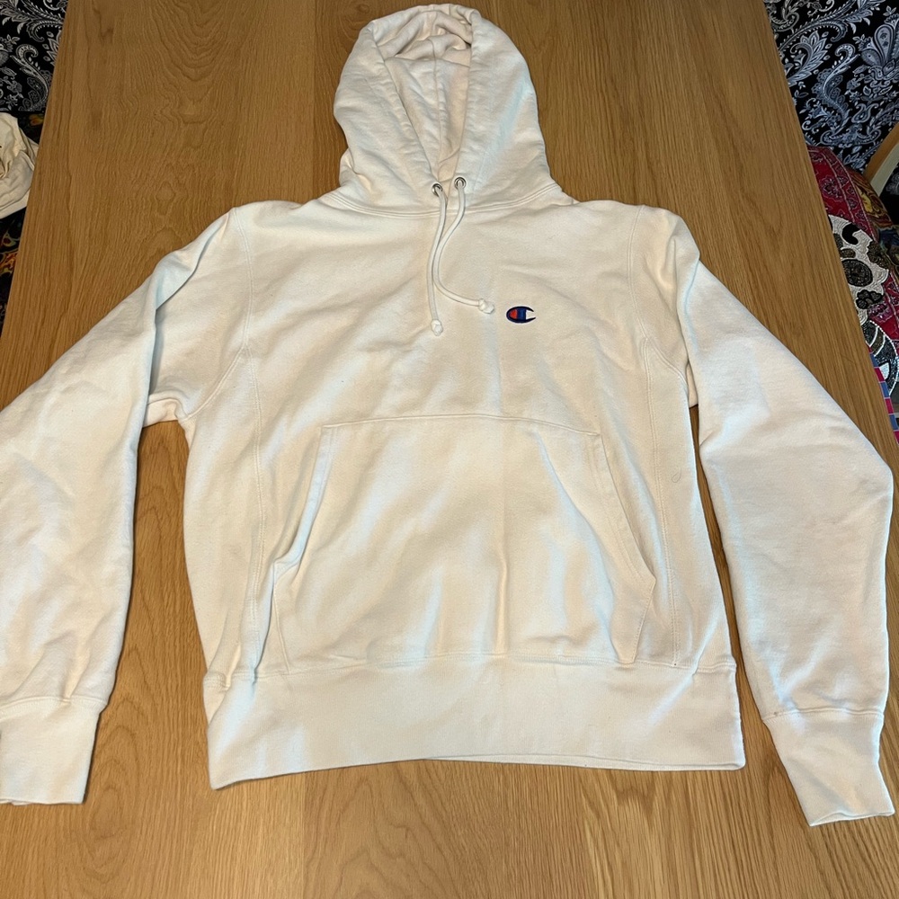 Champion Men's Reverse Weave White Hoodie Small Y2K